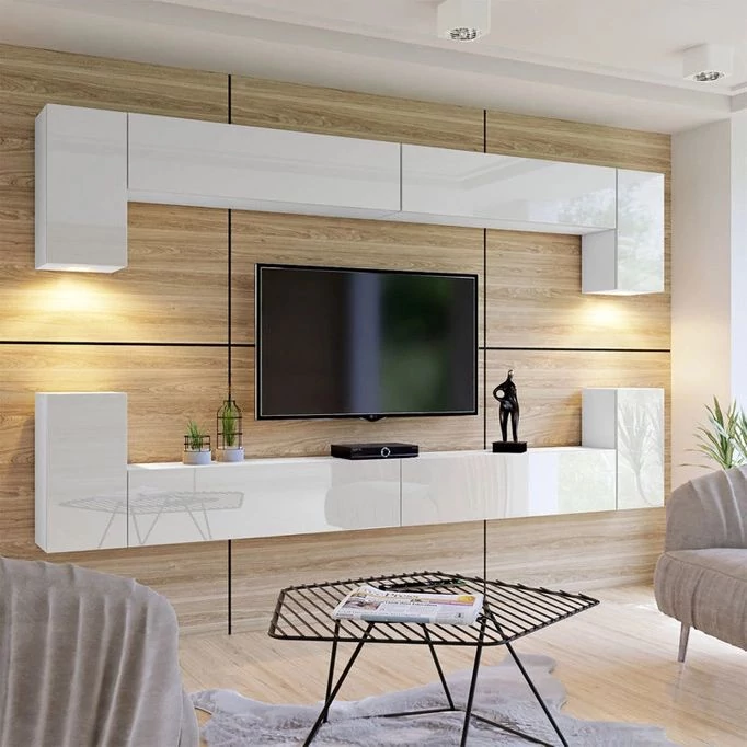 Modern fali egység nappaliba, fényes fekete, 350 cm PREMIUM
